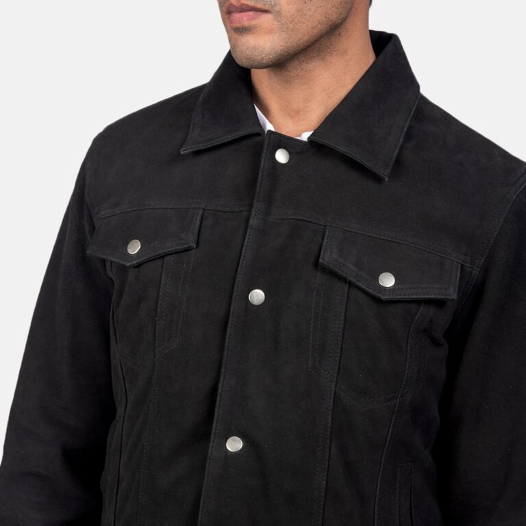 Mens Stallon Black Suede Trucker Jacket Close-Up-9-1720093624502